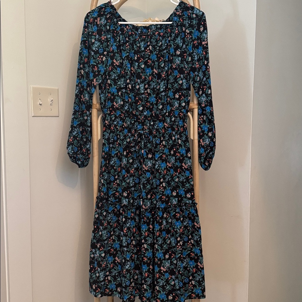 Club Monaco Black Floral Dress with Blue and Red Accents